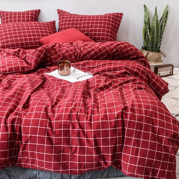 91家纺网 家纺一手货源 找家纺 柠萌家居 全棉色织水洗棉三件套四件套床笠款床单款 酒红方格