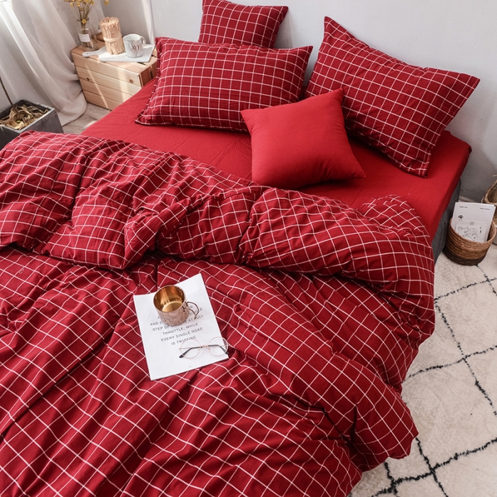 91家纺网 家纺一手货源 找家纺 柠萌家居 全棉色织水洗棉三件套四件套床笠款床单款 酒红方格