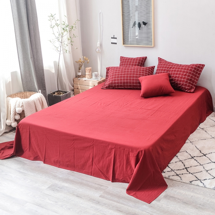 91家纺网 家纺一手货源 找家纺 柠萌家居 全棉色织水洗棉三件套四件套床笠款床单款 酒红方格