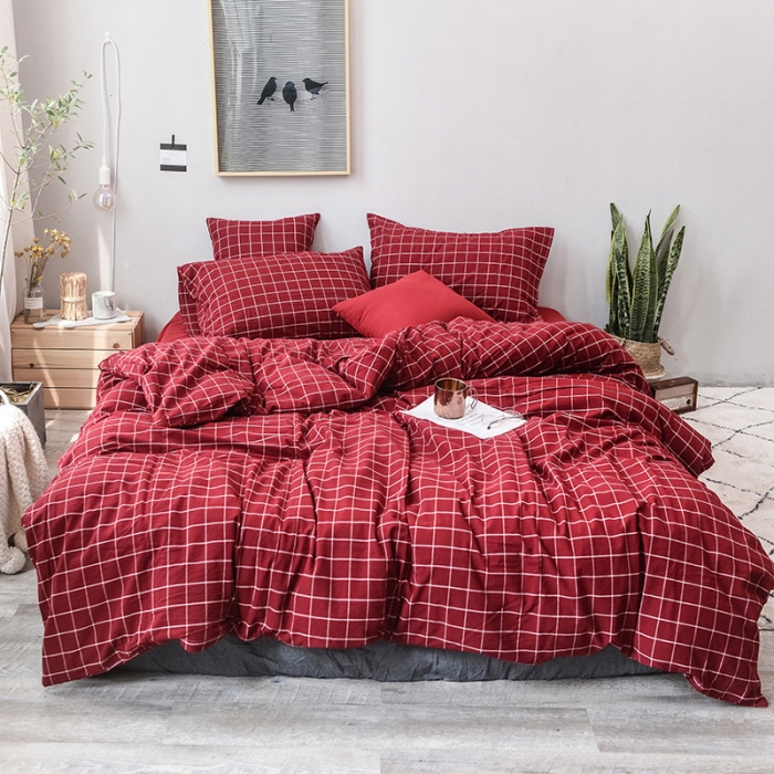91家纺网 家纺一手货源 找家纺 柠萌家居 全棉色织水洗棉三件套四件套床笠款床单款 酒红方格
