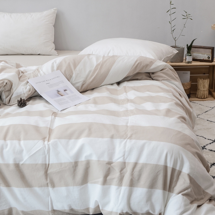 91家纺网 家纺一手货源 找家纺 柠萌家居 全棉色织水洗棉四件套床单款  咖白条