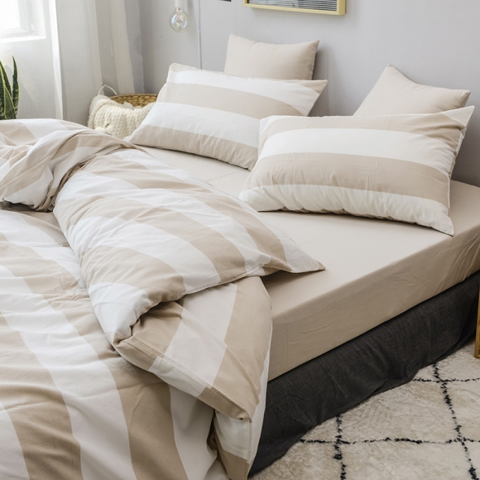 91家纺网 家纺一手货源 找家纺 柠萌家居 全棉色织水洗棉四件套床单款  咖白条