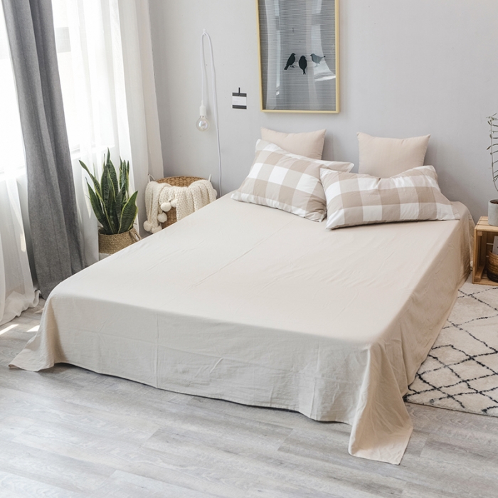 91家纺网 家纺一手货源 找家纺 柠萌家居 全棉色织水洗棉三件套四件套床笠款床单款 咖白中格