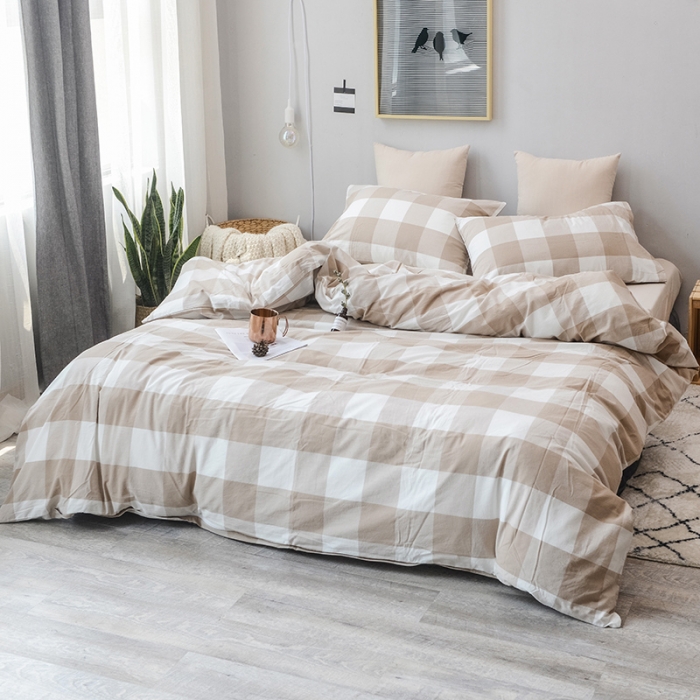 91家纺网 家纺一手货源 找家纺 柠萌家居 全棉色织水洗棉三件套四件套床笠款床单款 咖白中格