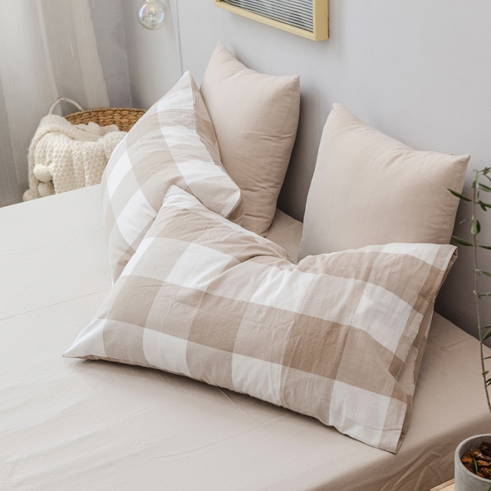 91家纺网 家纺一手货源 找家纺 柠萌家居 全棉色织水洗棉三件套四件套床笠款床单款 咖白中格