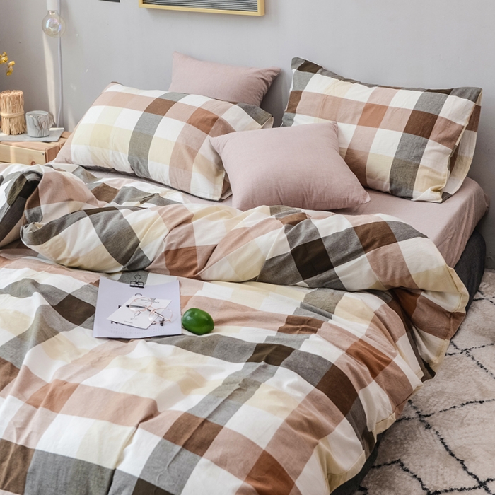 91家纺网 家纺一手货源 找家纺 柠萌家居 全棉色织水洗棉三件套四件套床笠款床单款 咖灰中格