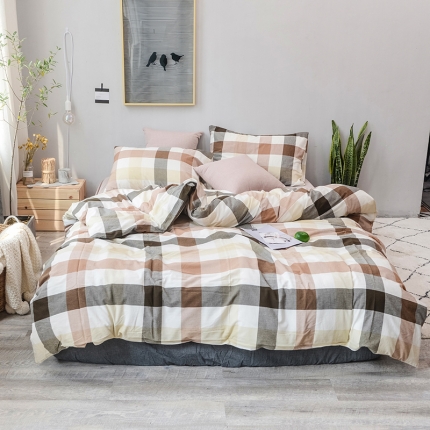 柠萌家居 全棉色织水洗棉三件套四件套床笠款床单款 咖灰中格