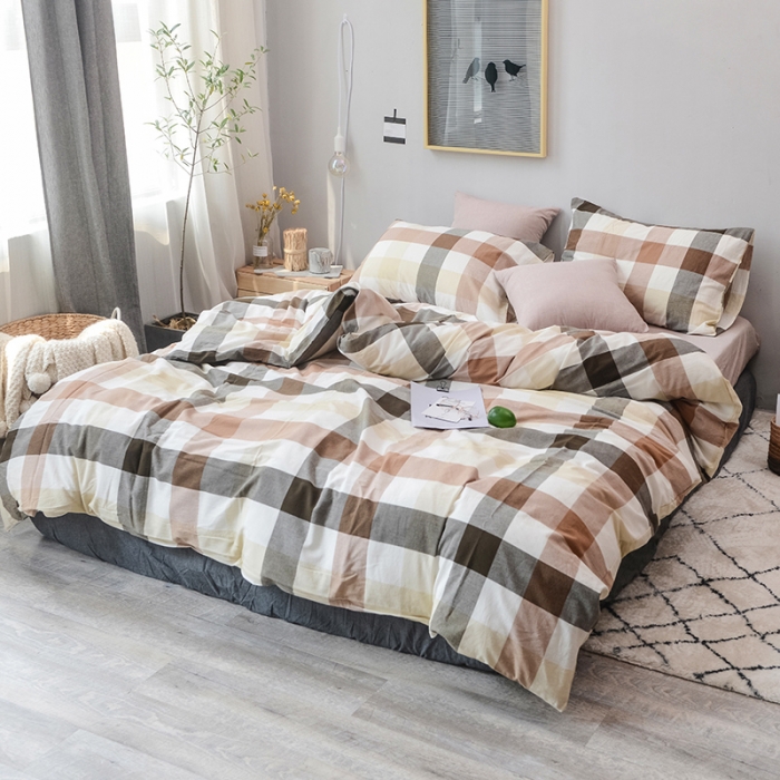 91家纺网 家纺一手货源 找家纺 柠萌家居 全棉色织水洗棉三件套四件套床笠款床单款 咖灰中格