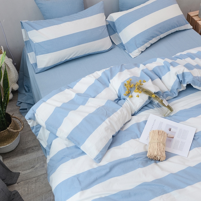 91家纺网 家纺一手货源 找家纺 柠萌家居 全棉色织水洗棉三件套四件套床笠款床单款 蓝白条