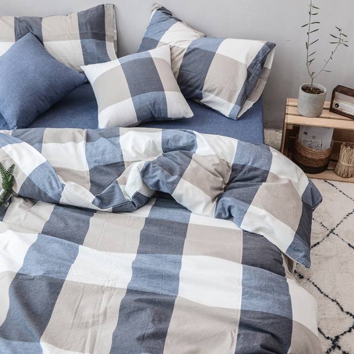 91家纺网 家纺一手货源 找家纺 柠萌家居 全棉色织水洗棉三件套四件套床笠款床单款 蓝大格