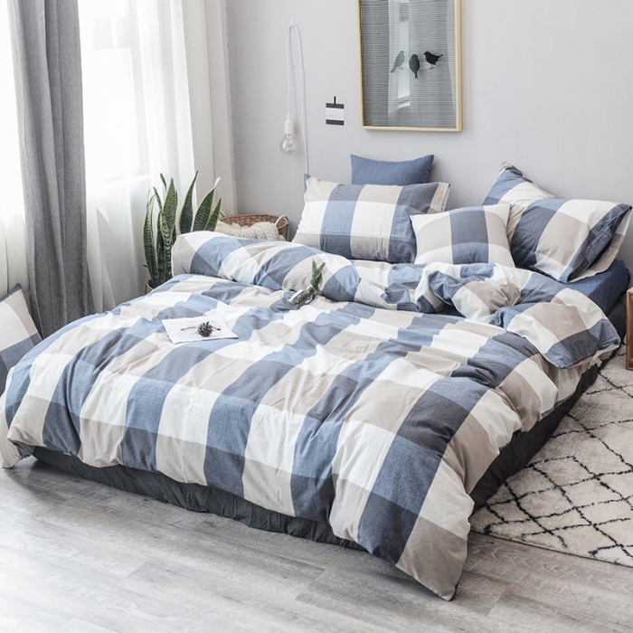 91家纺网 家纺一手货源 找家纺 柠萌家居 全棉色织水洗棉三件套四件套床笠款床单款 蓝大格