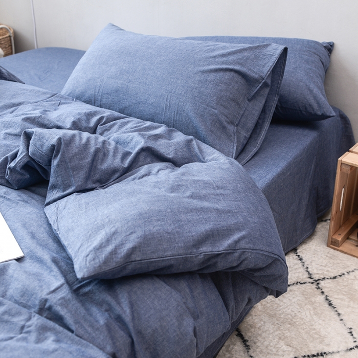 91家纺网 家纺一手货源 找家纺 柠萌家居 全棉色织水洗棉三件套四件套床笠款床单款 牛仔蓝