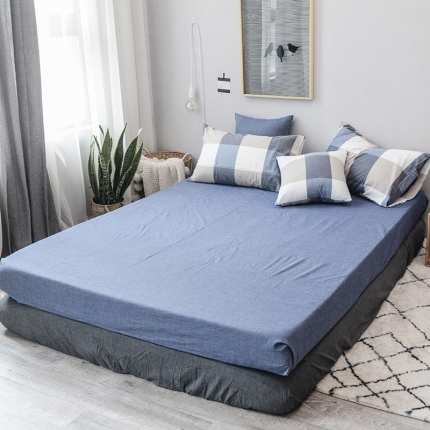 91家纺网 家纺一手货源 找家纺 柠萌家居 全棉色织水洗棉单无影良品风床笠纯色系