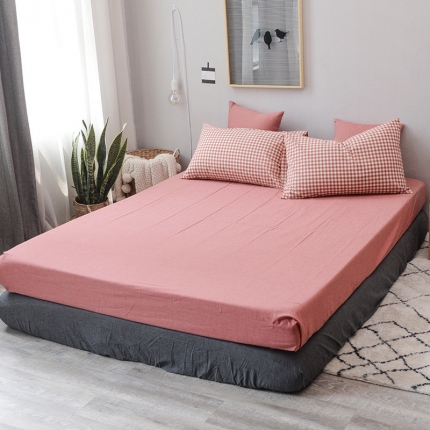 91家纺网 家纺一手货源 找家纺 柠萌家居 全棉色织水洗棉单无影良品风床笠纯色系