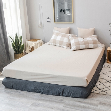 91家纺网 家纺一手货源 找家纺 柠萌家居 全棉色织水洗棉单无影良品风床笠纯色系