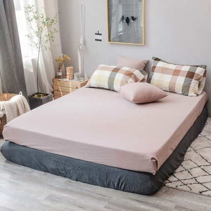 91家纺网 家纺一手货源 找家纺 柠萌家居 全棉色织水洗棉单无影良品风床笠纯色系