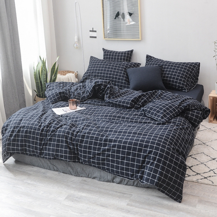 91家纺网 家纺一手货源 找家纺 柠萌家居 全棉色织水洗棉三件套无印良品风四件套