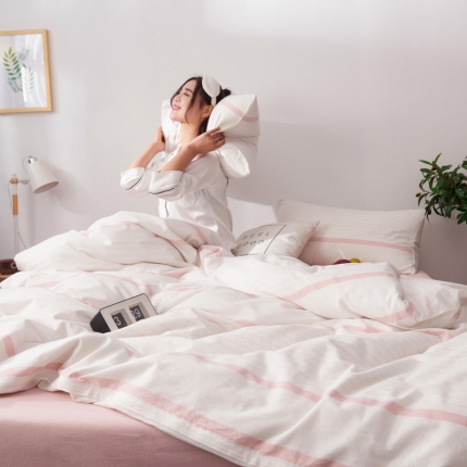 91家纺网 家纺一手货源 找家纺 （总）柠萌家居 2019全棉色织水洗棉无印良品四件套 床笠款