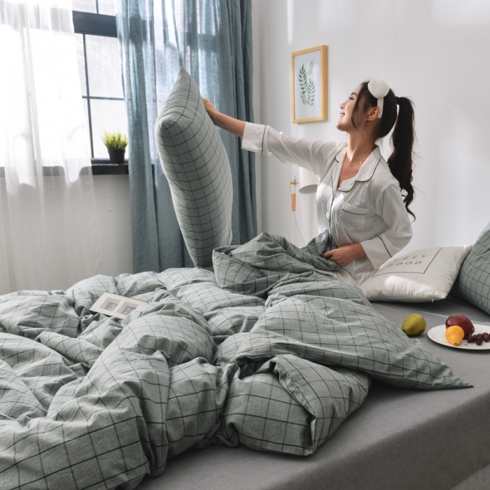 91家纺网 家纺一手货源 找家纺 柠萌家居2019全棉色织水洗棉无印良品四件套床单款格纹-豆绿