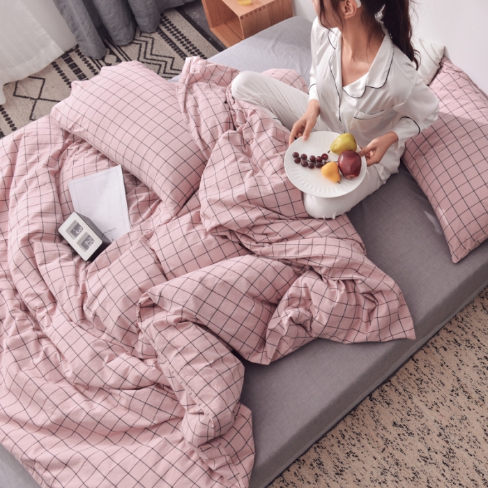 91家纺网 家纺一手货源 找家纺 柠萌家居2019全棉色织水洗棉无印良品四件套床单款格纹-豆沙