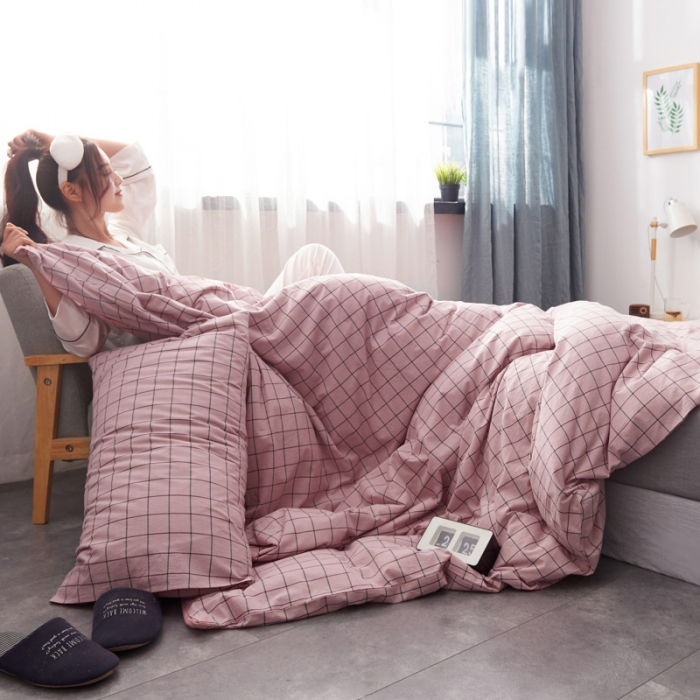 91家纺网 家纺一手货源 找家纺 柠萌家居2019全棉色织水洗棉无印良品四件套床单款格纹-豆沙