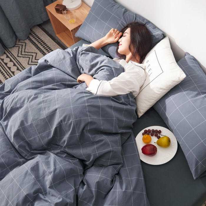 91家纺网 家纺一手货源 找家纺 柠萌家居2019全棉色织水洗棉无印良品四件套床单款格纹-冷灰