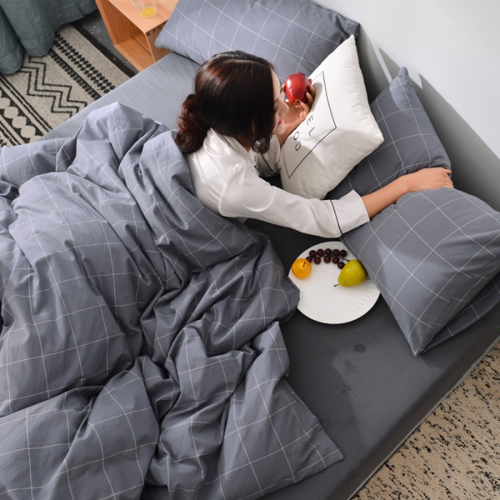 91家纺网 家纺一手货源 找家纺 柠萌家居2019全棉色织水洗棉无印良品四件套床单款格纹-冷灰