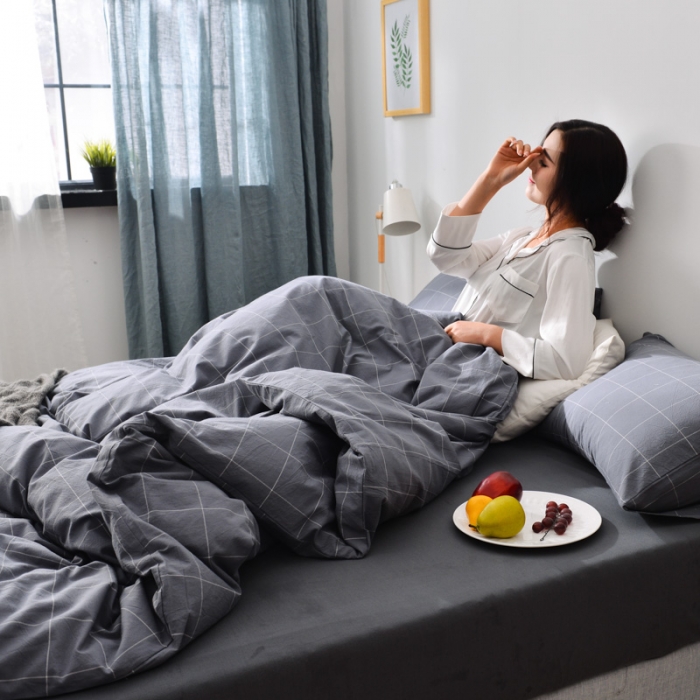 91家纺网 家纺一手货源 找家纺 柠萌家居2019全棉色织水洗棉无印良品四件套床单款格纹-冷灰