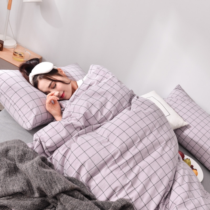 91家纺网 家纺一手货源 找家纺 柠萌家居2019全棉色织水洗棉无印良品四件套床单款格纹-浅紫