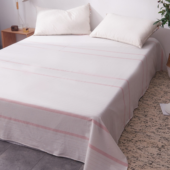 91家纺网 家纺一手货源 找家纺 柠萌家居新款全棉色织水洗棉无印良品四件套床单款宽双线-粉白条