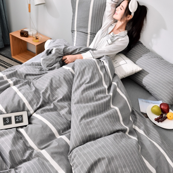 91家纺网 家纺一手货源 找家纺 柠萌家居新款全棉色织水洗棉无印良品四件套床单款 宽双线-冷灰