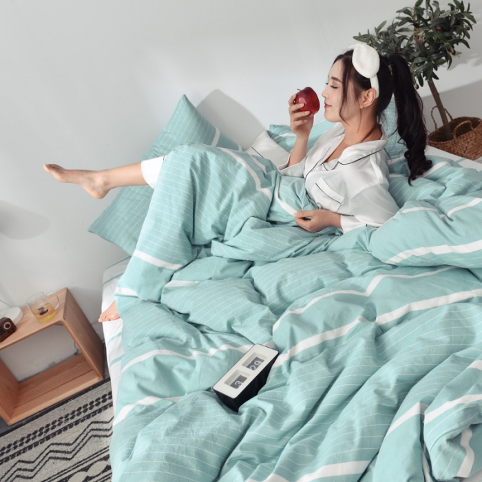 91家纺网 家纺一手货源 找家纺 柠萌家居新款全棉色织水洗棉无印良品四件套床单款宽双线-绿白条