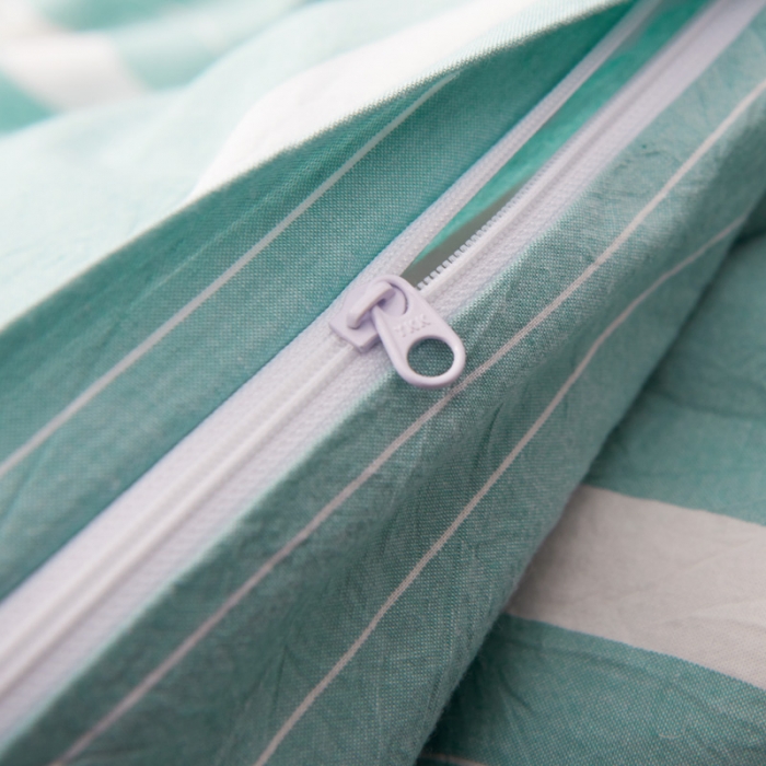 91家纺网 家纺一手货源 找家纺 柠萌家居新款全棉色织水洗棉无印良品四件套床单款宽双线-绿白条