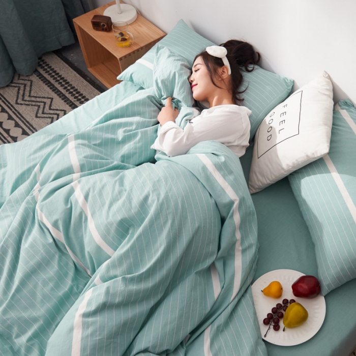 91家纺网 家纺一手货源 找家纺 柠萌家居新款全棉色织水洗棉无印良品四件套床单款 宽双线-浅绿