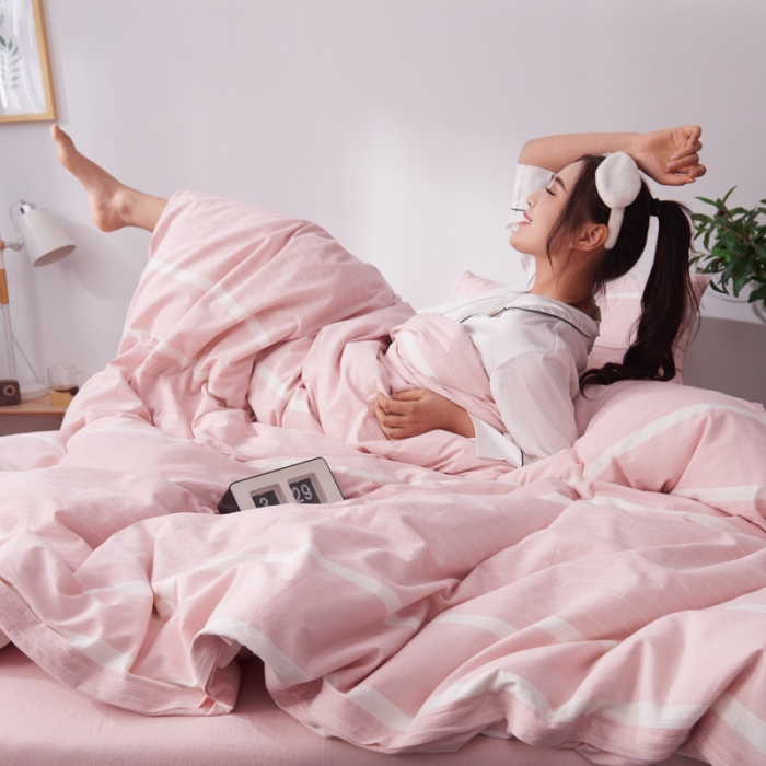 91家纺网 家纺一手货源 找家纺 柠萌家居2019全棉色织水洗棉无印良品四件套床单款宽双线-玉