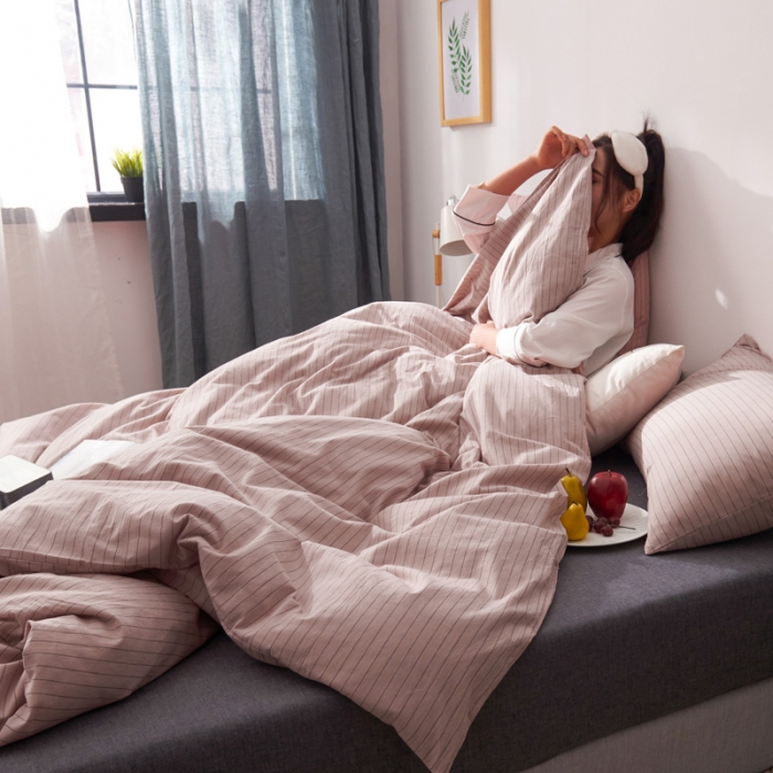 91家纺网 家纺一手货源 找家纺 柠萌家居新款全棉色织水洗棉无印良品四件套床单款 细条纹-豆沙