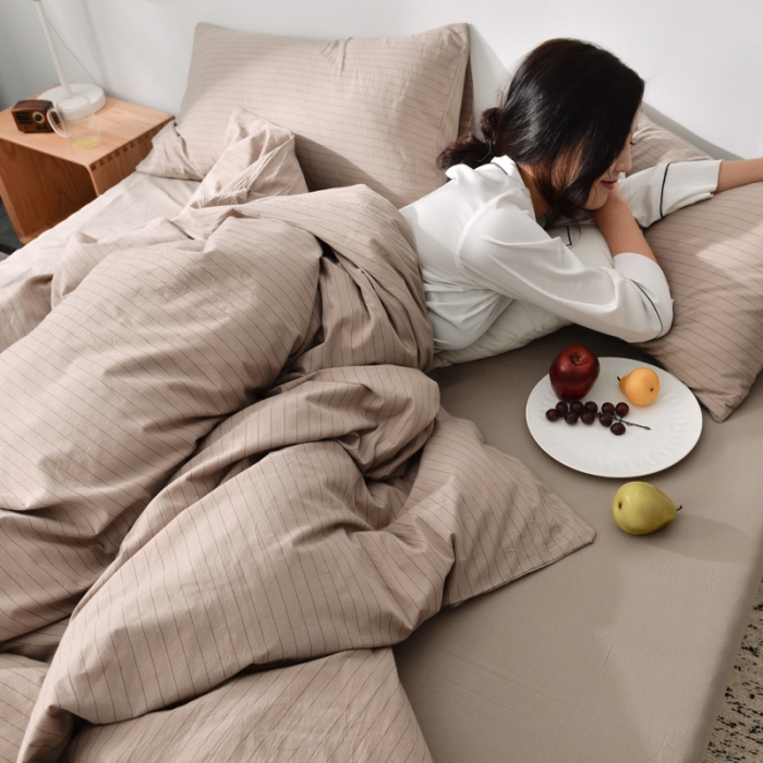 91家纺网 家纺一手货源 找家纺 柠萌家居新款全棉色织水洗棉无印良品四件套床单款细条纹-驼色