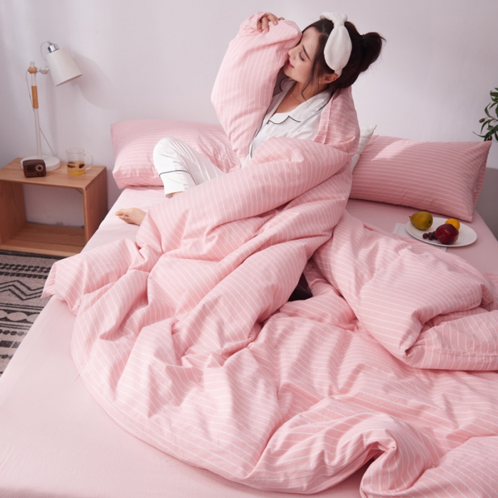 91家纺网 家纺一手货源 找家纺 柠萌家居新款全棉色织水洗棉无印良品四件套床单款细条纹-玉色