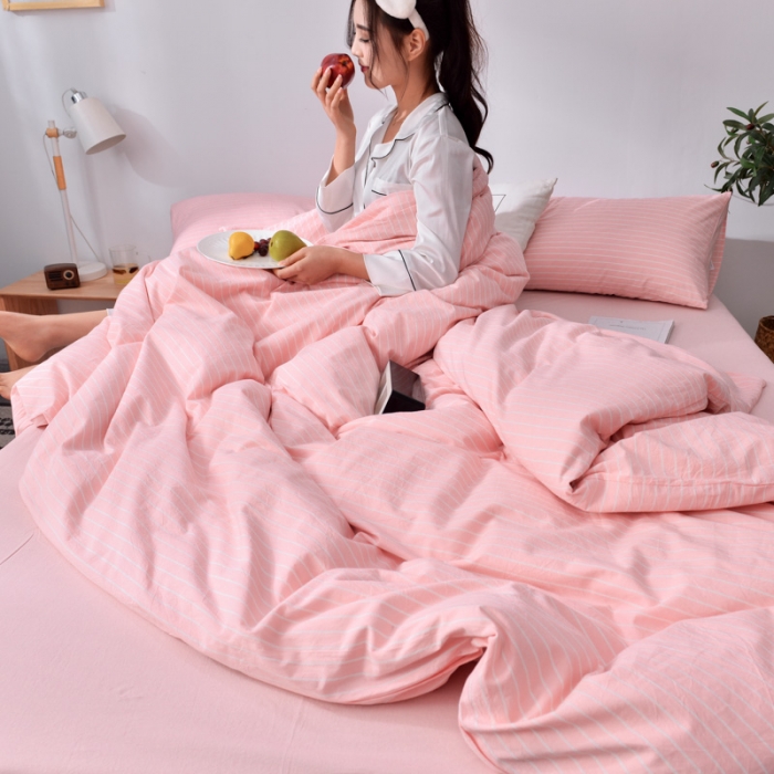 91家纺网 家纺一手货源 找家纺 柠萌家居新款全棉色织水洗棉无印良品四件套床单款细条纹-玉色