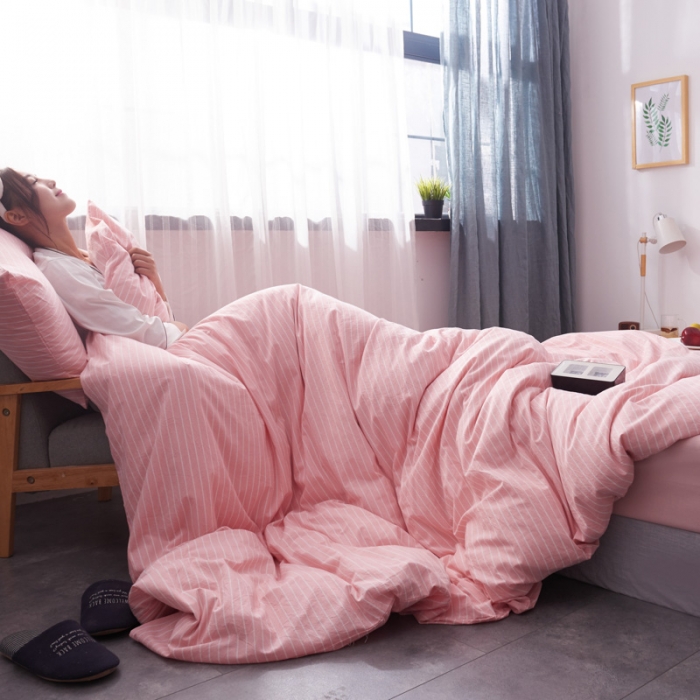 91家纺网 家纺一手货源 找家纺 柠萌家居新款全棉色织水洗棉无印良品四件套床单款细条纹-玉色