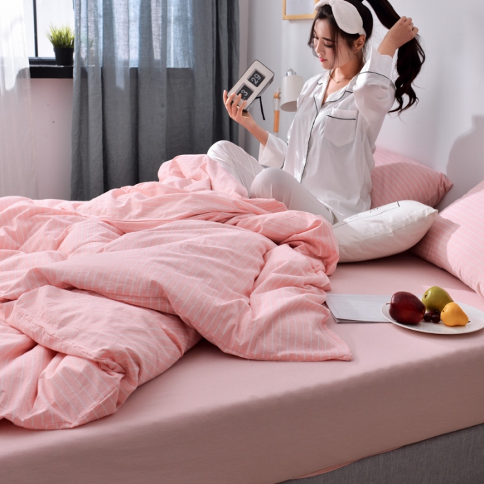 91家纺网 家纺一手货源 找家纺 柠萌家居新款全棉色织水洗棉无印良品四件套床单款细条纹-玉色