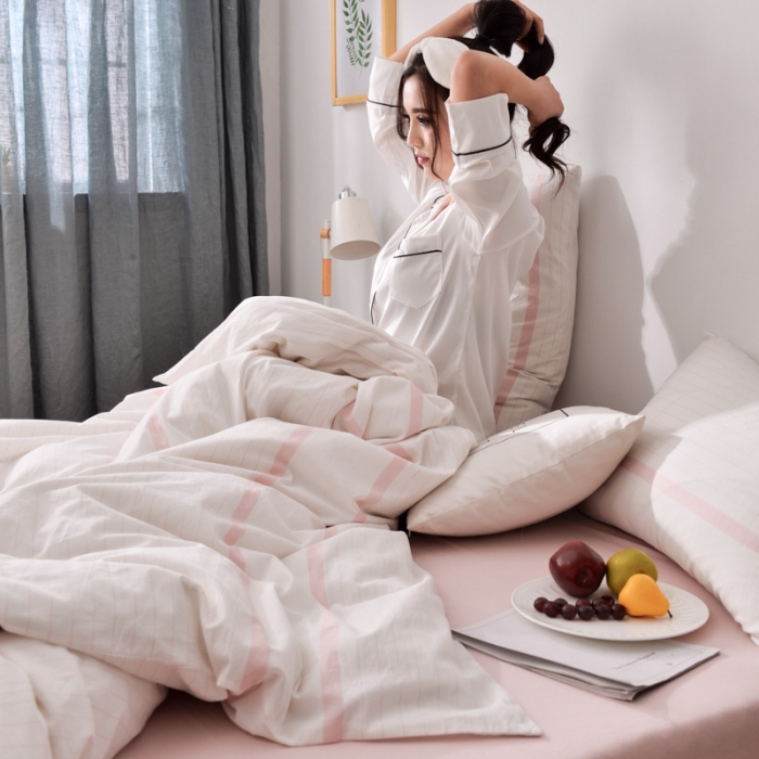 91家纺网 家纺一手货源 找家纺 柠萌家居 2019全棉水洗棉单被套 粉白细条