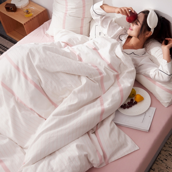 91家纺网 家纺一手货源 找家纺 柠萌家居 2019全棉水洗棉单被套 粉白细条