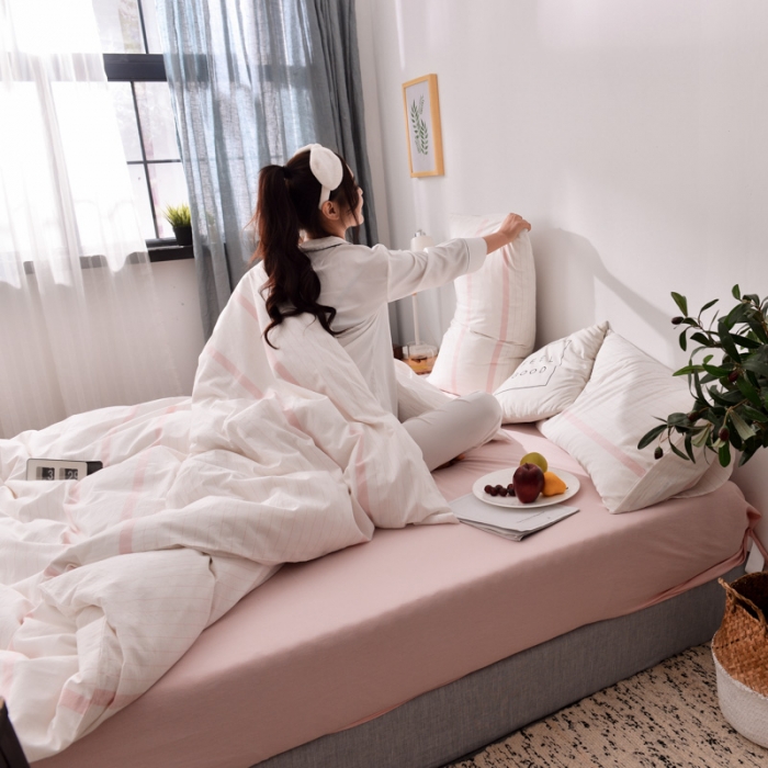 91家纺网 家纺一手货源 找家纺 柠萌家居 2019全棉水洗棉单被套 粉白细条