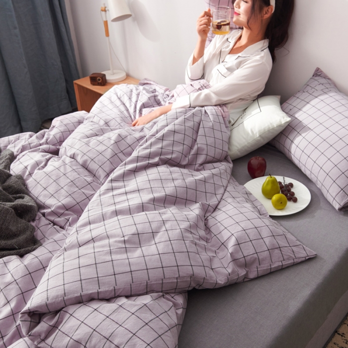 91家纺网 家纺一手货源 找家纺 柠萌家居 2019全棉水洗棉单被套 格纹-浅紫