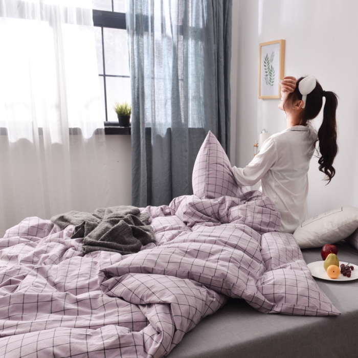 91家纺网 家纺一手货源 找家纺 柠萌家居 2019全棉水洗棉单被套 格纹-浅紫