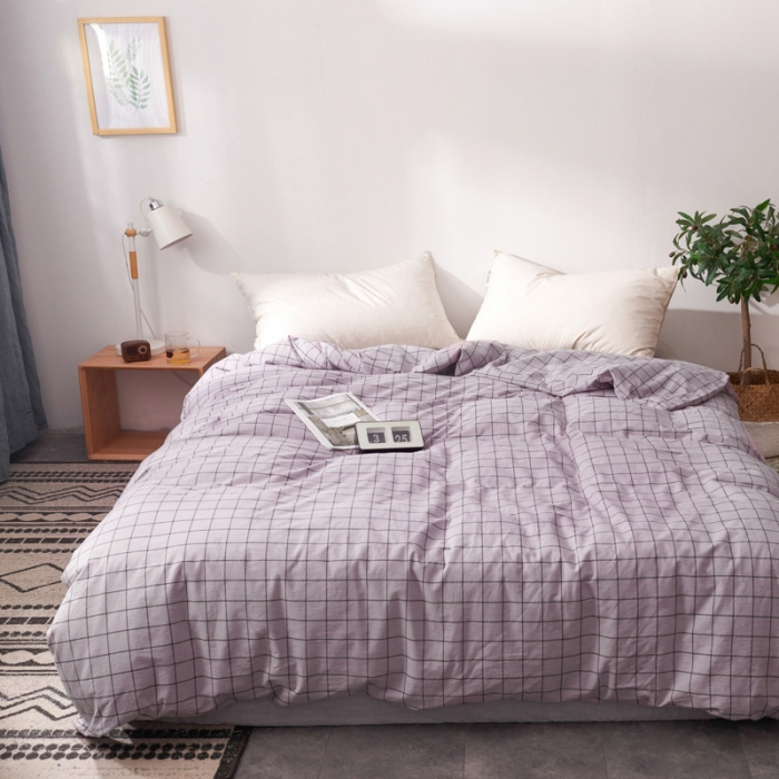 91家纺网 家纺一手货源 找家纺 柠萌家居 2019全棉水洗棉单被套 格纹-浅紫