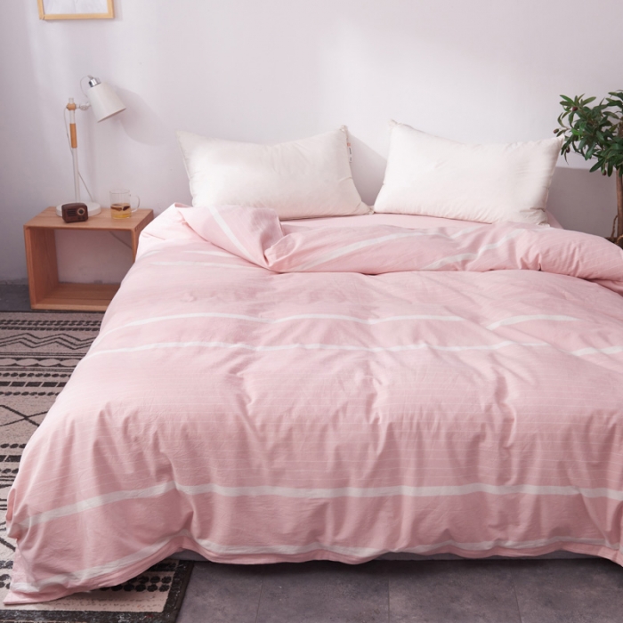 91家纺网 家纺一手货源 找家纺 柠萌家居 2019全棉水洗棉单被套 宽双线-粉白条