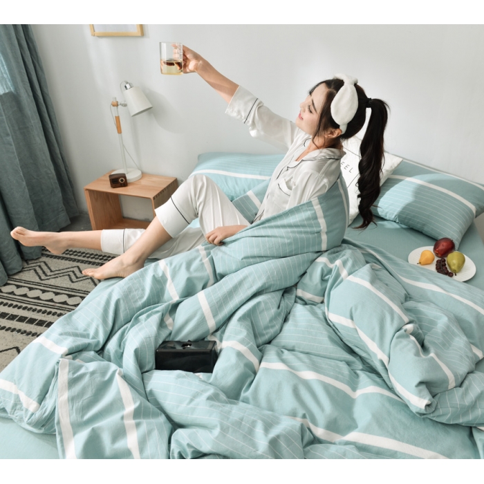 91家纺网 家纺一手货源 找家纺 柠萌家居 2019全棉水洗棉单被套 宽双线-浅绿