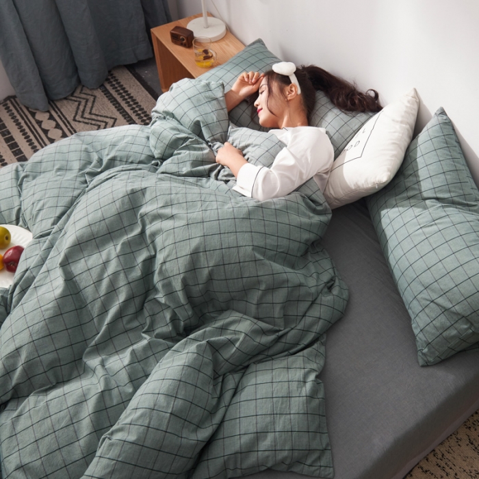 91家纺网 家纺一手货源 找家纺 柠萌家居 2019全棉水洗棉单被套 格纹-豆绿